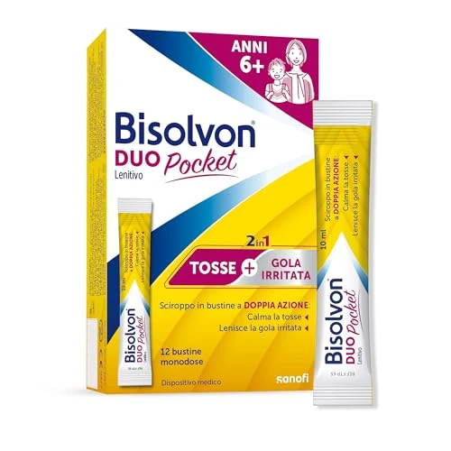 Offerta a tempo: Bisolvon Duo Pocket Sciroppo Tosse, Sciroppo Tosse Secca e Tosse Grassa Adulti e Bambini 6+, Senza Glutine, Senza Lattosio - Calma lo Stimolo a Tossire e dà sollievo alla Gola Irritata (12 Bustine) - 20% da 9.37 € a 7.48 €