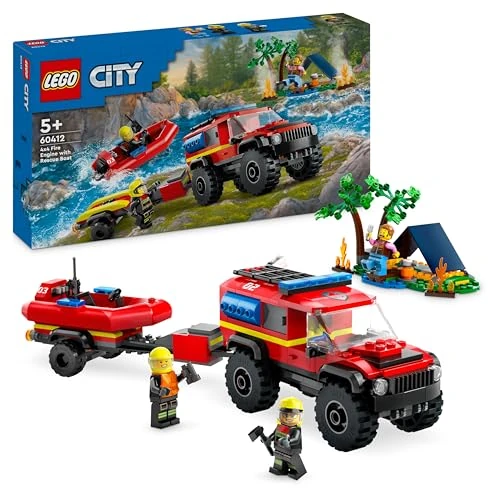 Offre limitée : LEGO City Le Camion de Pompiers 4x4 et Le Canot de Sauvetage, Jouet pour Garçons et Filles Dès 5 Ans, Bateau à Moteur, Remorque, Tente de Camping et Minifigurines de Randonneur et 2 Pompiers 60412 de 29.99 EUR à 23.99 EUR (remise 20%)