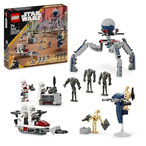 LEGO 75372 Star Wars Pack de Combat des Clone Troopers et Droïdes de Combat, Jouet pour Enfants, avec Speeder Bike, Figurine Tri-Droïde et Poste Défensif, Cadeau pour Garçons et Filles Dès 7 Ans