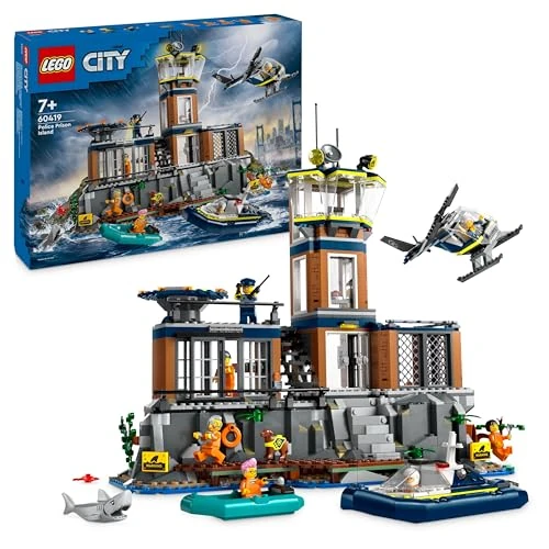 LEGO City La Prison de la Police en Haute Mer, Jouet avec Hélicoptère et Bateau, Minifigurines de Policier et Figurines d'animaux, Cadeau d'anniversaire pour Garçons et Filles Dès 7 Ans 60419
