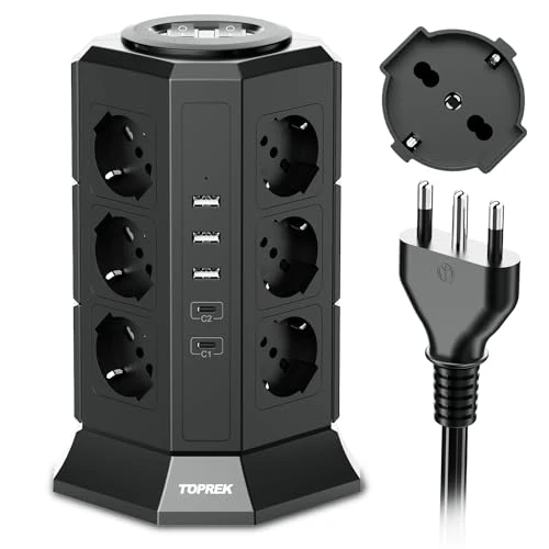 TOPREK Listwa zasilająca pionowa z 12 uniwersalnymi gniazdami ITA 10/16A i Schuko i 2 x USB C (20 W PD3.0 Szybkie ładowanie) i 3 x USB A, ochrona przed przepięciem, 4000 W/16A, 2 przełączniki, 2 m