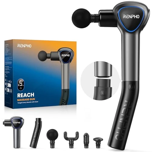 Offerta a tempo: Pistola Massaggio Muscolare con Manico Staccabile, RENPHO Reach pistola per massaggi, 5 velocità, 4 testine massaggianti, LED, 2 in 1 Massaggiatore a Percussione Profonda, Nero - 23% da 44.62 € a 34.24 €