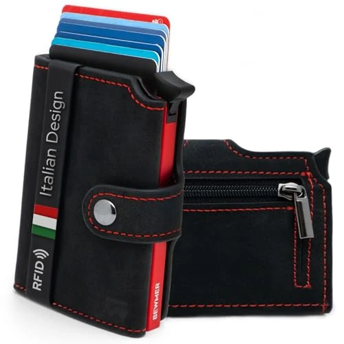 BEWMER 2 Shielded Credit Card Wallet | Anti-Cloning Protection Slim RFID Wallet for Men and Women | Card and Money Clip with Coin Holder (B2, Black Red)