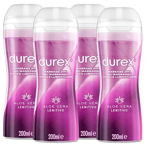 Durex Gel Massage 2in1 Gel Lubrificante Intimo Aloe Vera Lenitivo ad Azione Idratante Emolliente per Massaggio Corpo Formula a Base Acquosa Compatibile con Preservativi e Sex Toys - 4 Flaconi da 200ml