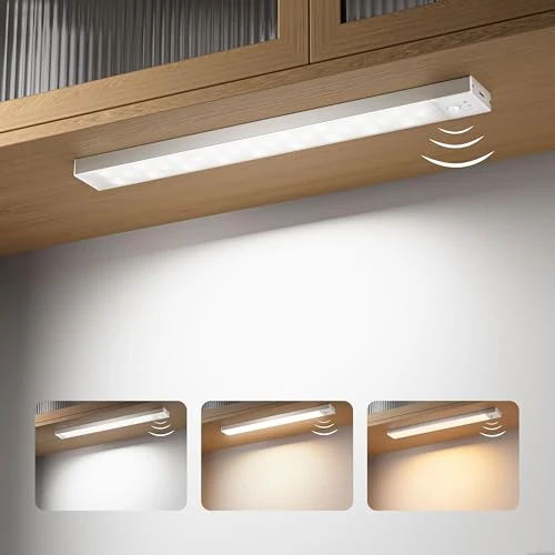 OUILA Luce Armadio LED Con Sensore, 23CM Sottopensile Cucina 3 Modalità di Colore, 1000 mAh Ricaricabile USB, Lampada Notturna per Cucina Scale Guardaroba