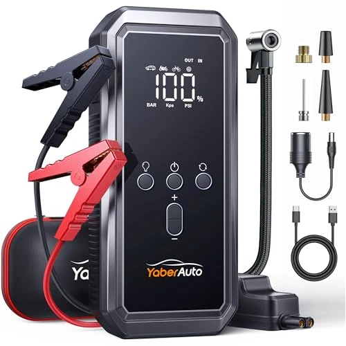 Avviatore Emergenza per Auto con Compressore 150PSI 8000A 21800mAh, YaberAuto Booster Avviamento Auto/Moto (Tutti Gas/10.0L Diesel), 12V Starter Batteria con Ricarica Rapida 18W,Uscita DC 160W,Torcia