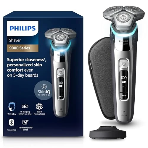 Philips Shaver Series 9000 golarka elektryczna dla mężczyzn na mokro i na sucho w kolorze srebrnym, z funkcją podnoszenia i cięcia, technologia SkinIQ, trymer do brody, stojak ładujący i etui podróżne