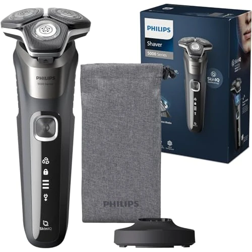 Rasoio elettrico Philips S5000 - Rasoio elettrico Wet & Dry in grigio carbonio con 1 rifinitore a scomparsa, astuccio morbido, cappuccio di protezione e supporto di ricarica (modello S5887/13)