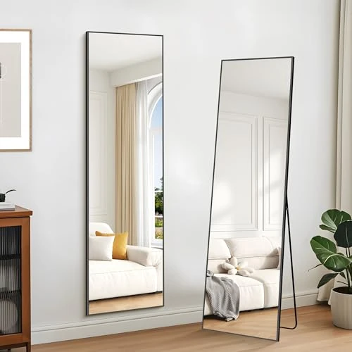 KOCUUY Zwarte spiegel in volledige lengte, 149,9 x 40,6 cm vloerlengte spiegel, rechthoekige full-body spiegel, slaapkamer, vloerspiegel woonkamer, wandspiegel om op te hangen, staand of leunend