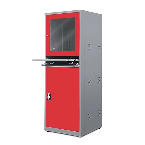 Jan Nowak Computer-werkstation, pc-kast, computerkast met lade voor werkplaats, opslag, metaal, 175 cm x 64 cm x 63 cm (antraciet-rood)