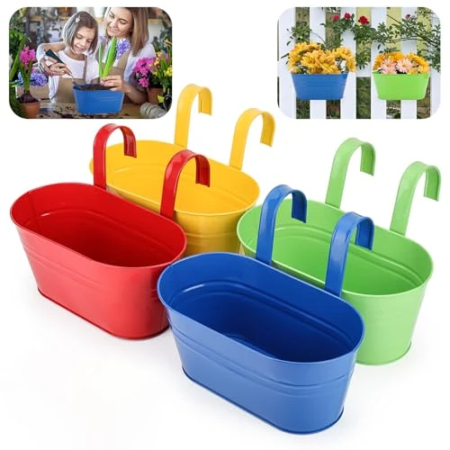 GIOVARA Macetas colgantes de metal, 4 macetas de jardín grandes coloridas de 27,5 cm, macetas colgantes de valla con ganchos desmontables