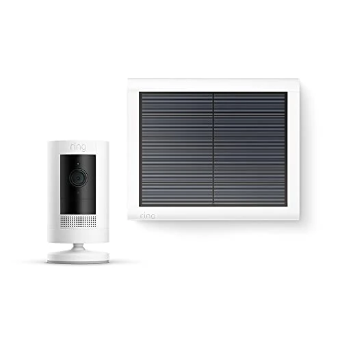 Ring Caméra extérieure solaire (Stick Up Cam) | Caméra de surveillance extérieure wifi HD avec panneau solaire, audio bidirectionnel, fonctionne avec Alexa | Essai Ring Home gratuit 30 j.