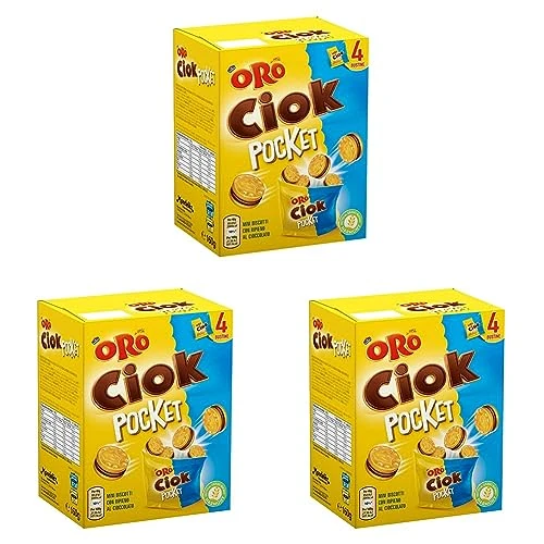 Oro Ciok Pocket, Mini Biscotti Ripieni di Gustosa Crema di Cioccolato al Latte, Merenda Semplice e Golosa, Fonte Naturale di Fibre, Senza Coloranti e Conservanti, 140g (4 monoporzioni da 40g)