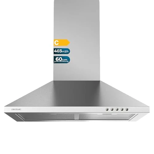 Cecotec Flux PM 604300 Extractor Hood, 60 cm, Stainless Steel C. Pyramid Shape, Stainless Steel Finish, Suction Power 403 m³/h, Motor 105 W, Class C, Mechanical Control, 3 Levels