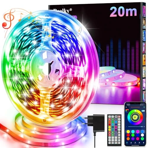 Realky LED Room Lights, 20m RGB LED Strip, Bluetooth Music Sync, App & Remote Control, Indoor Use, LED Strip Light