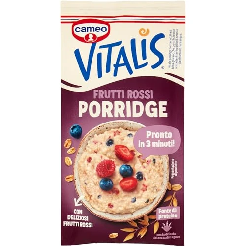 Cameo Vitalis Porridge Gusto Frutti Rossi con Fiocchi Integrali di Avena e Delicati Frutti Rossi, Preparato Istantaneo, Porridge Pronto in 3 Minuti, Fonte di Proteine, Busta Monoporzione 56 g