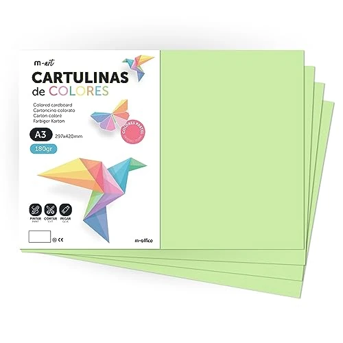 Offerta a tempo: Cartulina de Colores, Cartulina A3, Folios Colores 180gr, Bloc cartulina colores pastel, Ideal para Manualidades, Imprimir tus Documentos y Diseños Creativos · m-office (50 Hojas, Verde Claro) - 0.00% da 7.26 € a 7.26 €