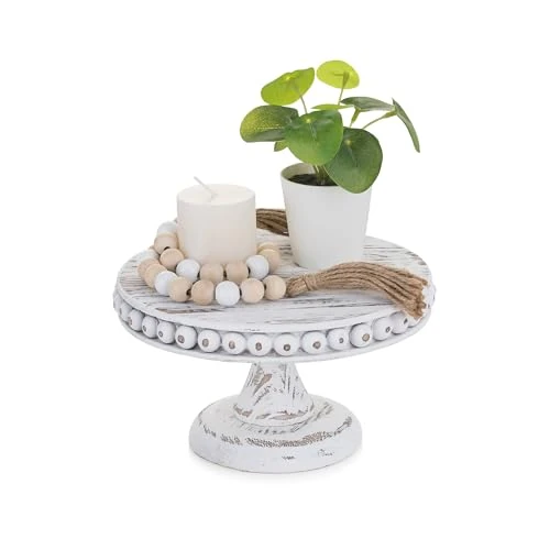 Limited offer: Hanobe Small Wood Cake Stand: White Cupcake Pedestal Stand 8 inch Dessert Display Riser Rustic Round Cakes Holder Tray Vintage Beads Wooden Plate for Wedding Birthday Decor from 23.89 EUR to 22.70 EUR (save 5%)