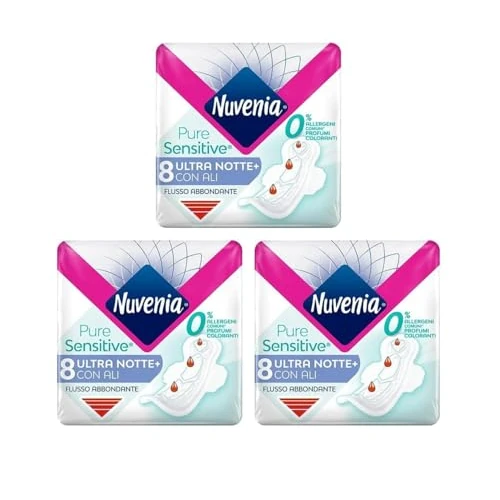 Offerta a tempo: Nuvenia - Assorbente Pure Sensitive Ultra Notte con Ali - Superficie Delicata per Pelli Sensibili - Confezione da 24 Assorbenti - 23% da 5.67 € a 4.38 €