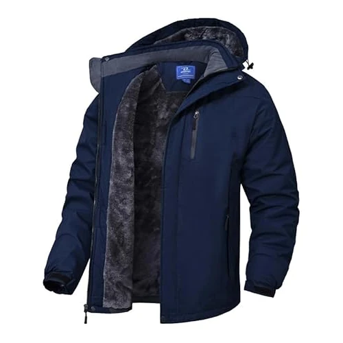 Zzkouine Herren Ski Jacke, atmungsaktiv, warm gefütterte Winterjacke mit abnehmbarer Kapuze, Ski Regenmantel mit Kapuze-Navy Blue-2XL