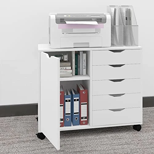 Offerta a tempo: PUNCIA Cassettiera Ufficio con 5 Cassetti Armadio per File Schedario Portadocumenti con Ruote Universali Mobile Porta Stampante in Legno 78x40x60CM Adatto per Ufficio e Abitazioni (Bianco) - 0.00% da 99.99 € a 99.99 €