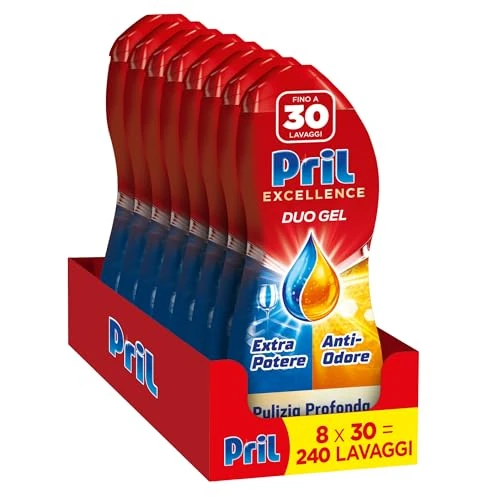 Offerta a tempo: Pril Duo Gel, Detersivo lavastoviglie Gel, Azione Anti Odore, con Aceto, Formato da 8 Confezioni da 30 Lavaggi, Totale 240 Lavaggi - 16% da 37.92 € a 31.92 €