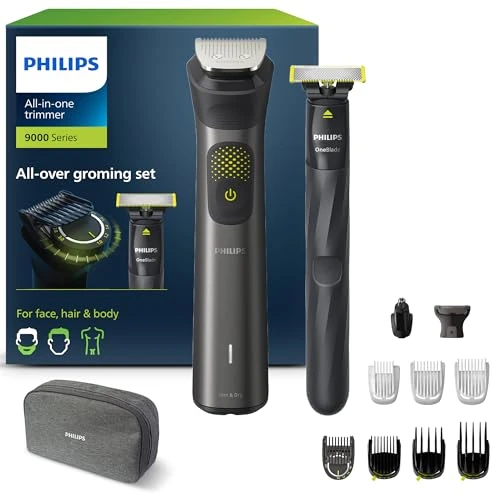 Philips Trymer z Serii 9000 13 w 1 Oneblade, Zestaw do Kompleksowej Pielęgnacji, Precyzyjne Przycinanie, Ostre Krawędzie, Wygodne Golenie, 27 Ustawień Długości (0,2–20 mm) (Model MG9530/15)