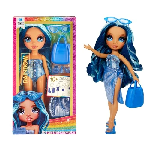 Tijdelijke aanbieding: Rainbow High Swim & Style - Skyler (blauw) - 28 cm pop met glinsterende omslagdoek voor 10+ stylingsmethoden - verwijderbaar zwempak, sandalen, leuke speelaccessoires - kinderspeelgoed - voor 4-12 jr van 19.99 € naar 18.99 € (5% kor