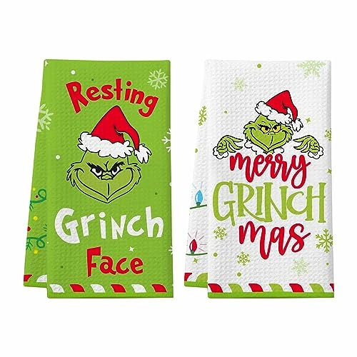 Homythe Funny Christmas Kitchen Towels, 2 Pack Holiday Collection Dish Towels, Super Absorbent Waffle Weave Hand Towels, Cute Christmas Kitchen Bathroom Decorations, Novelty Xmas Gifts for Women Men