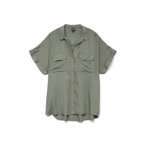 Offerta a tempo: VERO MODA Camicia a Righe da Donna a Maniche Corte con Tasche sul Petto e abbottonatura, Verde, M - 55% da 26.99 € a 12.19 €