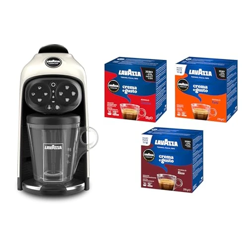 Lavazza, A Modo Mio Deséa White Cream Coffee Machine with 88 Capsules Crema and Flavour Assorted, Espresso 1500 W, 220-240 V, 50/60 Hz, Capacity Max. 10 Capsules and 1.1 Litres of Water