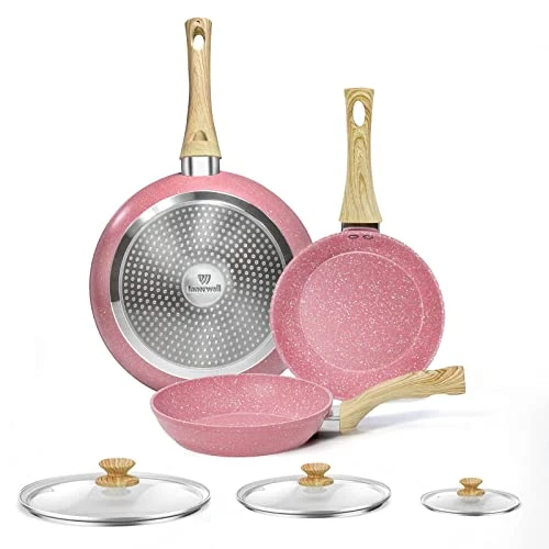 Limited-time offer: Innerwell 3-Piece Frying Pan Set with Lids, 20 cm, 24 cm, 28 cm, Induction Pan with Professional-Quality Non Stick Coating, Healthy Granite Pan, Oven Safe, PFAS & PTFE & PFOA-Free, Pink from 65.99 GBP to 61.99 GBP (save 6%)