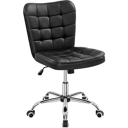 Yaheetech Chaise de bureau sans accoudoirs ergonomique en simili cuir rembourrée de bureau à roulettes pivotante, hauteur réglable, fontion à bascule noire