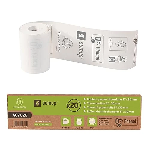 Zeitlich begrenztes Angebot: Exacompta SumUp 40762E 20er Pack Thermorollen für SumUp 3G+ und SumUp Solo Geräte, 1-lagig, Breite: 57mm, Länge 9m, ohne Kern, Kernlose Kassenrolle 55g/m² Bonrolle für SumUp Drucker extra-weiß von 15.54 € auf 14.17 € (9% Rabat