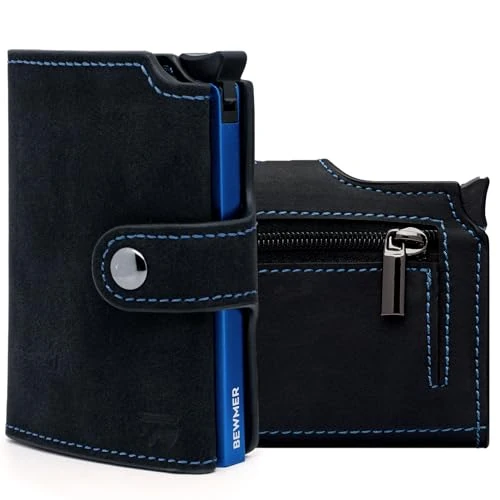 BEWMER 2 Shielded Credit Card Wallet | Anti-Cloning Protection Slim RFID Wallet for Men and Women | Card and Money Clip with Coin Holder (Black Blue Pastel)