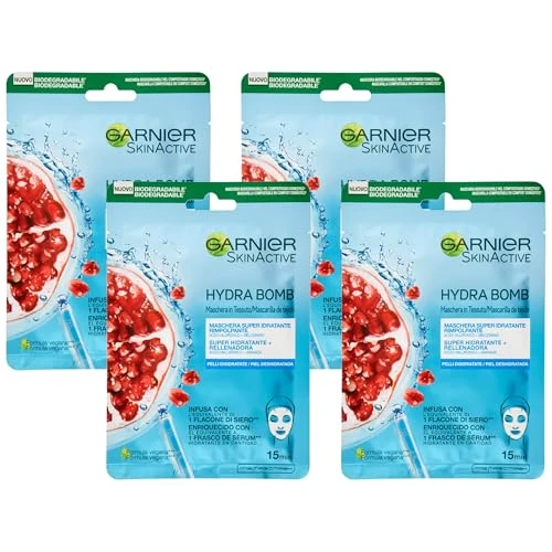 Offerta a tempo: Garnier SkinActive Hydra Bomb Maschera Viso in Tessuto Super Idratante Energizzante per Pelli da Dissetare, 32 ml (Confezione da 4) - 36% da 9.96 € a 6.36 €