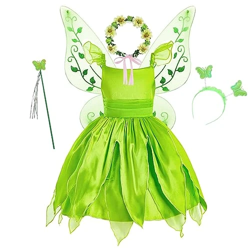 Tijdelijke aanbieding: Groene jurk Pixie prinses Tiana Tinkerbell kinderen met vlindervleugels toverstaf haarband carnaval cosplay verjaardagsfeest verkleden van 31.35 EUR naar 24.50 EUR (korting 22%)