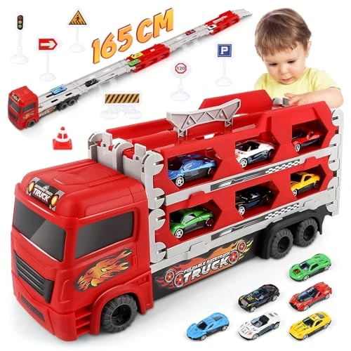 Aoskie Transporter Truck Cars Toys for Boys 3 4 5 6 Years Old, Double-Layer Foldable Race Track Truck with 6 Alloy Pull Back Cars, Hot Gift for Kids Car Lover