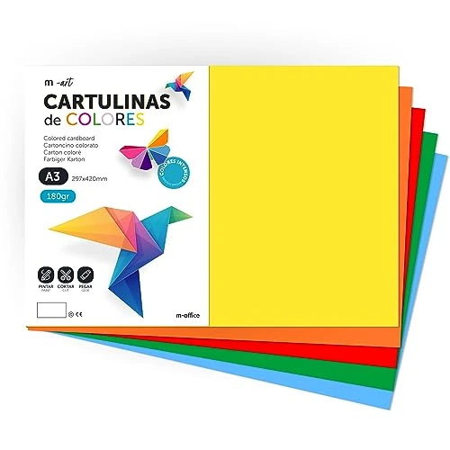 Cartulina de Colores, Cartulina A3, Folios de Colores 180gr, Cartulina Surtido Colores intensos, Ideal para Manualidades, Imprimir tus Documentos y Diseños Creativos · m-office (200h, Surt. Intenso)