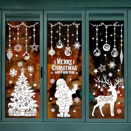 AFXXE Pack of 104 Window Stickers Christmas Self-Adhesive Large Window Decoration Christmas White Christmas Window Pictures Reusable Snowflakes Window Stickers Christmas for Shop Winter