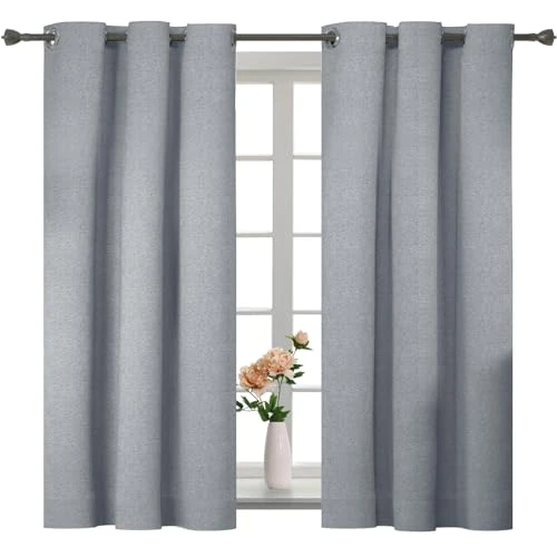 YSTELLAA Rideau 100% Occultant Lot De 2, 117×137cm, Effet Lin, Rideau Thermique Isolant Anti Froid Et Chaleur, Rideaux Anti Bruit, avec Oeillet, pour Salon Et Chambre, Gris Clair