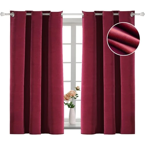 YSTELLAA Velours Rideau 100% Occultant 2 Pièce, 117×137cm, Thermique Isolant Anti Froid Et Chaleur, Rideaux Occultants Opaque, avec Oeillet, Anti Bruit, pour Salon Et Chambre, Bourgogne