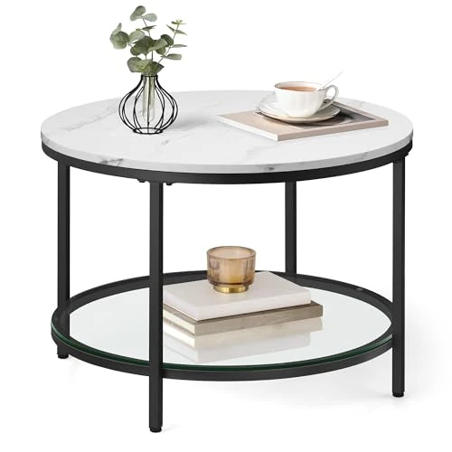 Limited-time offer: VASAGLE Coffee Table, Living Room Table, Sofa Cocktail Table Faux Marble Round, Tempered Glass Storage Shelf, Easy to Assemble, Modern Style, for Living Room, Marble White and Ink Black LCT072W13 from 61.99 GBP to 61.99 GBP (save 0%)