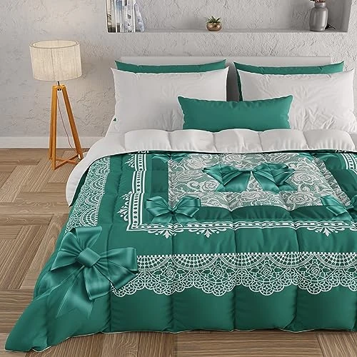 PETTI Artigiani Italiani - Edredón de una Plaza y Media de Invierno, edredón de una Plaza y Media, Colcha Reversible de Color Liso e impresión Digital con Lazo de Color Turquesa, Fabricado en Italia