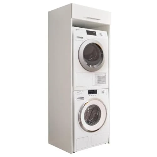 Stella Trading LAUNDREEZY Armoire pour lave-linge et sèche-linge, blanc - Armoire de superposition pratique pour lave-linge - 67,5 x 200 x 67,5 cm (L/H/P)