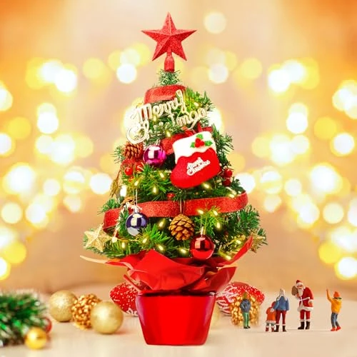 Tijdelijke aanbieding: Mini kerstboom 60 cm Kleine kerstboom met LED-verlichting tafelkerstboom klein kunstmatig versierd denneboompje kerstboom Tree Kerstmis Decoratie Rood van 23.99 EUR naar 23.99 EUR (korting 0%)