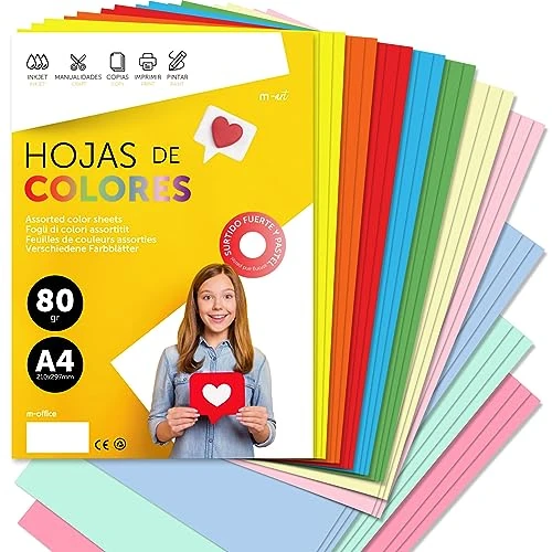 Folios de colores A4, Papel colorido 80gr ideal para hacer Manualidades, Folios de Colores para Imprimir tus Documentos y Diseños Creativos, Folios A4 · m-office (250h, Surtido Fuerte+Pastel)