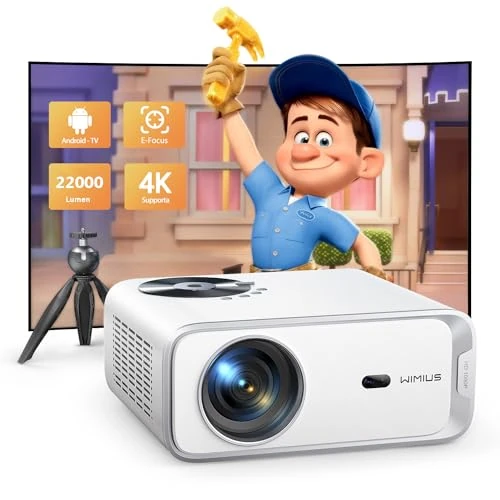 Netflix / Android TV integrado: proyector 4 K soporta, 22000 lúmenes 1080p full HD, WiMiUS proyector WiFi Bluetooth, E-Focus/Auto Keystone para cine en casa [viene con trípode]
