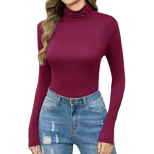 Irevial Damen Langarmshirt Rollkragenpullover Oberteil Shirt Basic Tops Thermounterwäsche Unterhemd Silm Fit Weinrot S