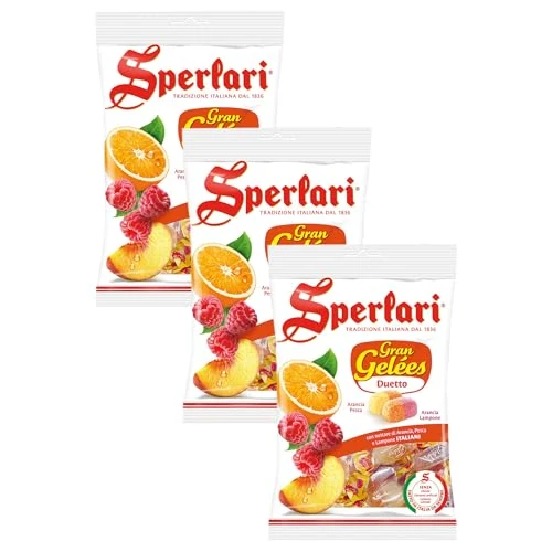 Offerta a tempo: Sperlari - Caramelle Gran Gelées Assortite Duetto Frutta, Intenso Sapore di Frutta. Arancia, Pesca e Lampone, Sacchetto da 600 G (Confezione da 3) - 24% da 13.47 € a 10.20 €